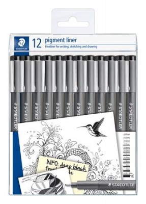 Tusfilc készlet, 12 különböző vonalvastagság, STAEDTLER "Pigment Liner 308", fekete